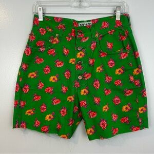 Vintage NAF NAF Green/Pink Floral Cut Off Denim Jean Shorts Size 40 Medium